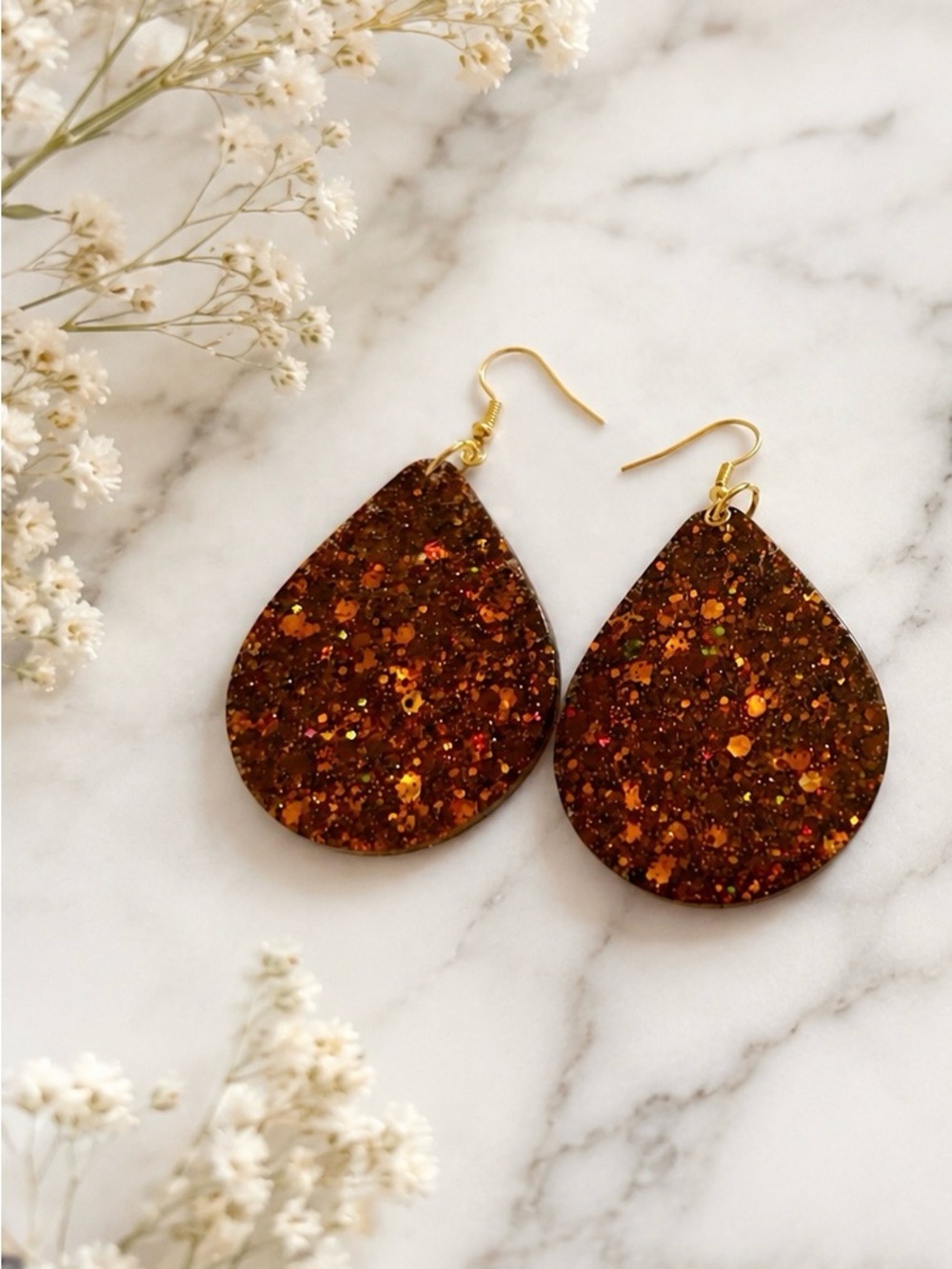 Gold-Hook Brown Glitter Teardrop Earrings